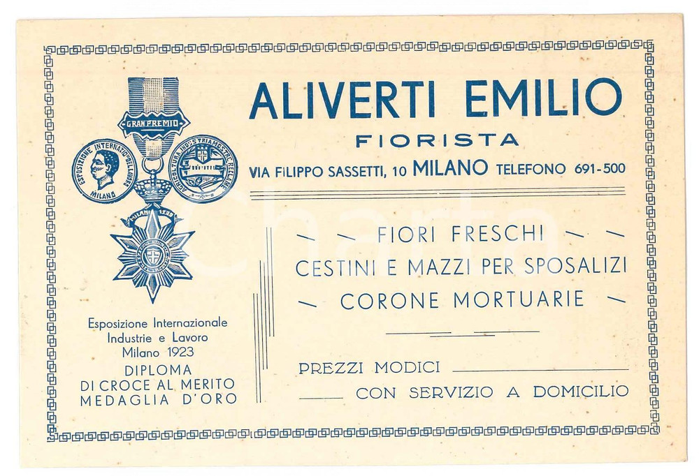 Materiale pubblicitario d’epoca 1923 MILANO via Sassetti  Fiorista ALIVERTI Emilio  Biglietto pubblicitario 1