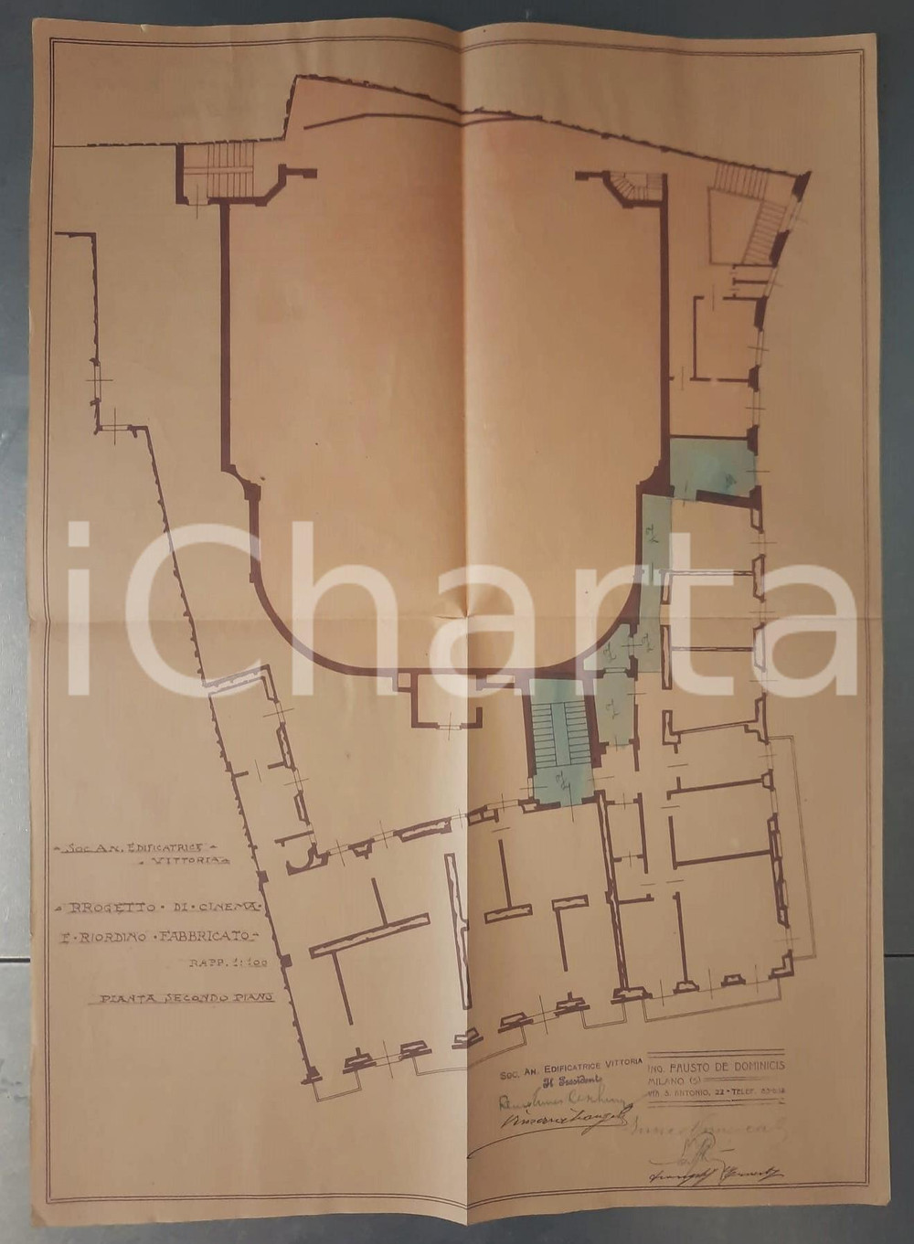 Mappa, planimetria storica 1925 ca MILANO Edificatrice VITTORIA  Progetto cinema SAN CARLO  2° Piano 1