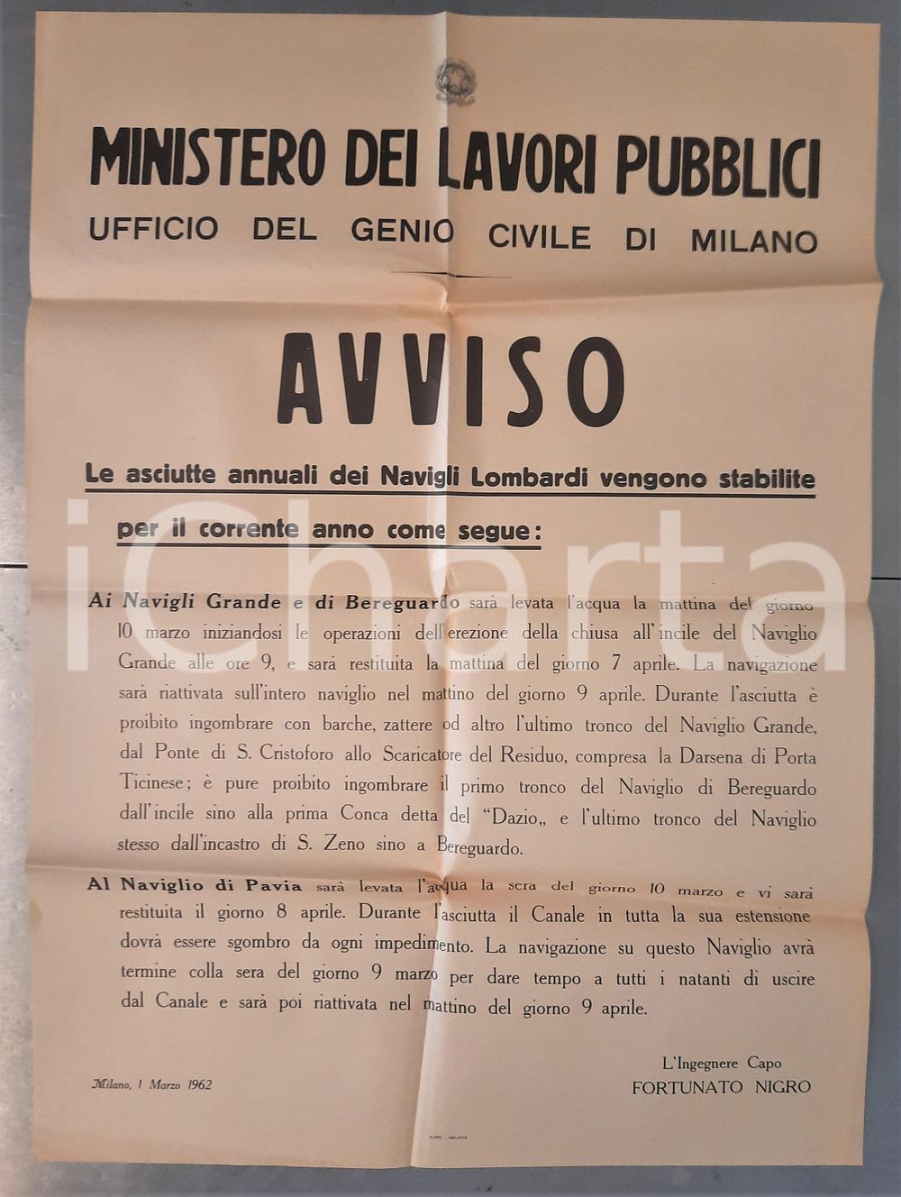 1962 MILANO Asciutte annuali dei Navigli Lombardi - Manifesto (2) Manifesto originale d'epoca, datato 1 Marzo 1962.   CONDIZIONI:FAIR/discreto piegature d'epocaFORMATO: 50x48 cm originale e autentica 1