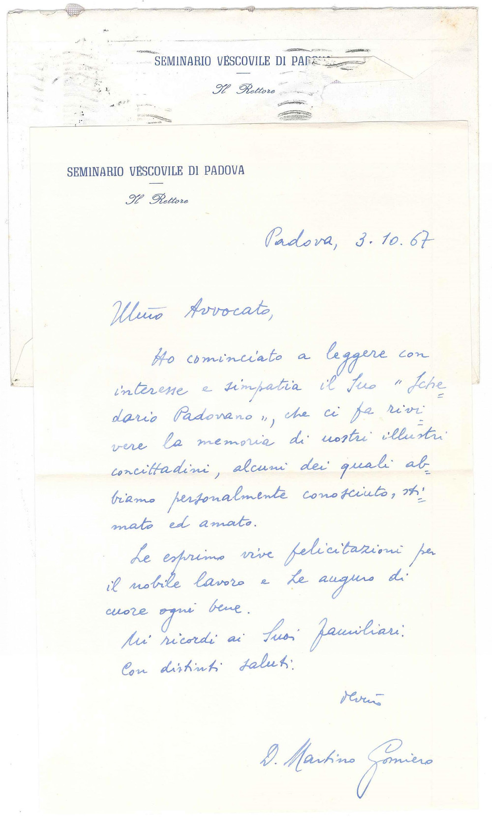 Autografo originale 1967 PADOVA Lettera don Martino GOMIERO  Rettore Seminario Vescovile AUTOGRAFO 1