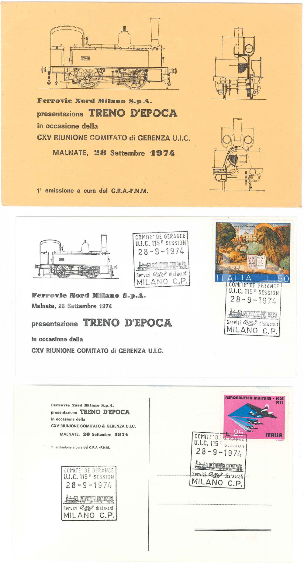 Materiale pubblicitario d’epoca 1974 MALNATE  FERROVIE NORD MILANO Presentazione treno d epoca  Cartolina FDC 1