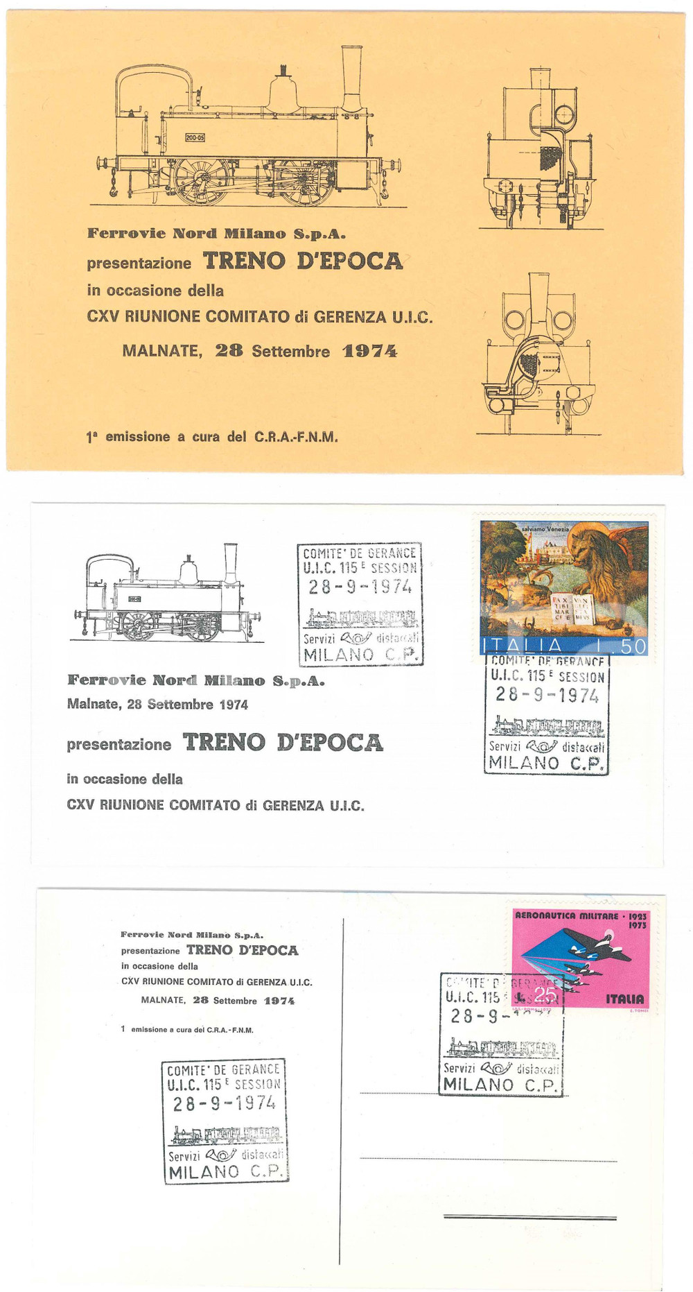 Materiale pubblicitario d’epoca 1974 MALNATE  FERROVIE NORD MILANO Presentazione treno d epoca Cartolina FDC 1