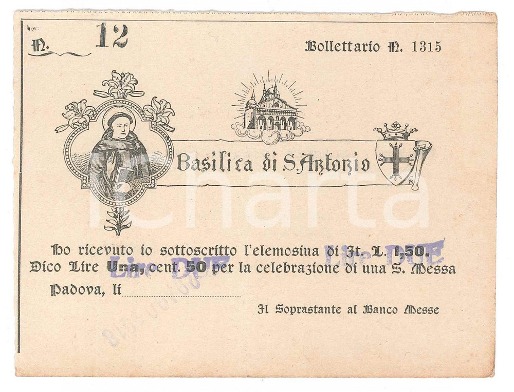 Oggetto da collezione cartaceo 1918 PADOVA Basilica di Sant Antonio  Ricevuta elemosina 13x10 cm 2 1
