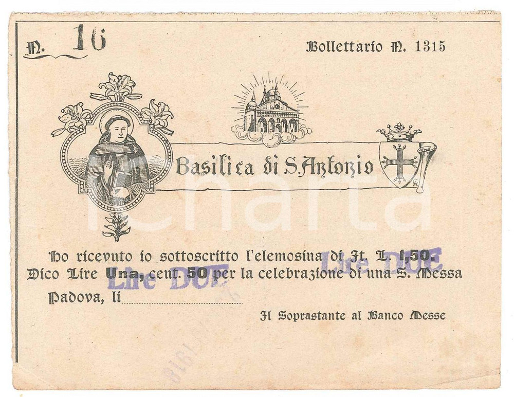 Oggetto da collezione cartaceo 1918 PADOVA Basilica di Sant Antonio  Ricevuta elemosina 13x10 cm 3 1