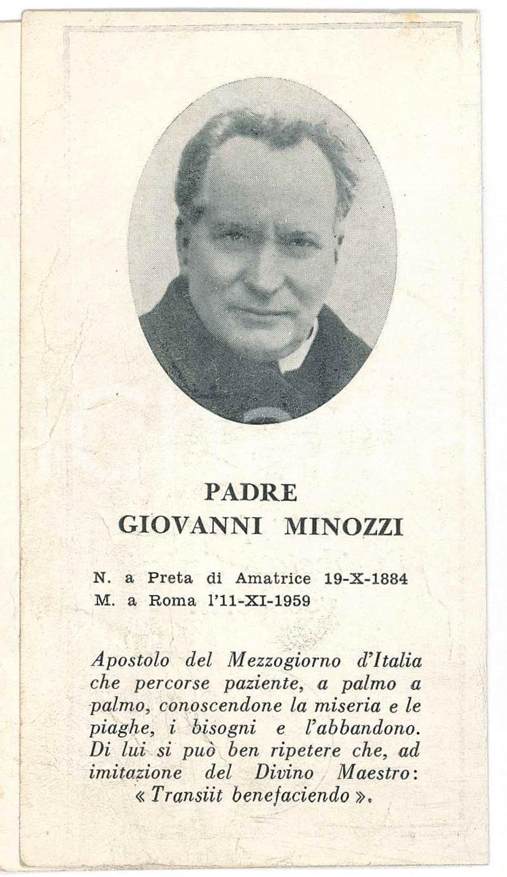 Oggetto da collezione cartaceo 1959 ROMA In memoria di Padre Giovanni MINOZZI Santino ILLUSTRATO 6x11 cm 1