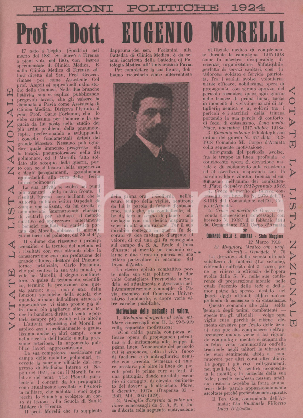 Documento originale, autentico 1924 LISTA NAZIONALE Elezioni politiche  Dott. Eugenio MORELLI Volantino 23x31 1