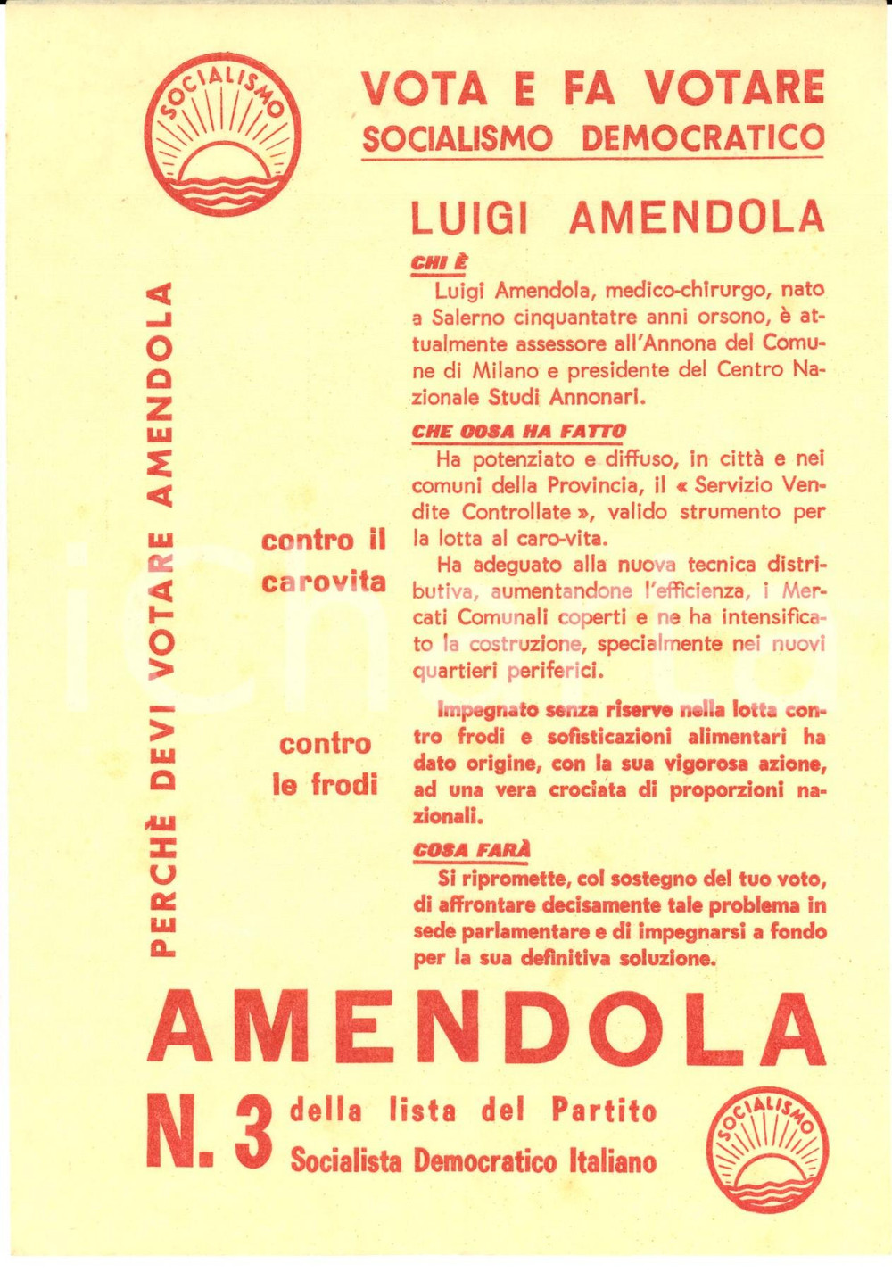 Materiale pubblicitario d’epoca 1950 ca PARTITO SOCIALISTA DEMOCRATICO ITALIANO Vota Luigi AMENDOLA Volantino 1
