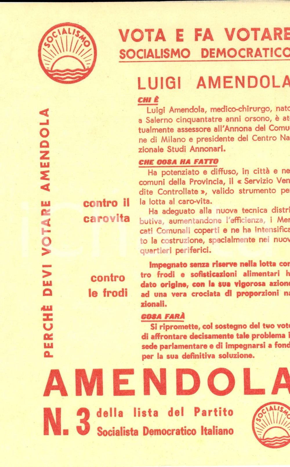 Materiale pubblicitario d’epoca 1950 ca PARTITO SOCIALISTA DEMOCRATICO ITALIANO Vota Luigi AMENDOLA Volantino 1