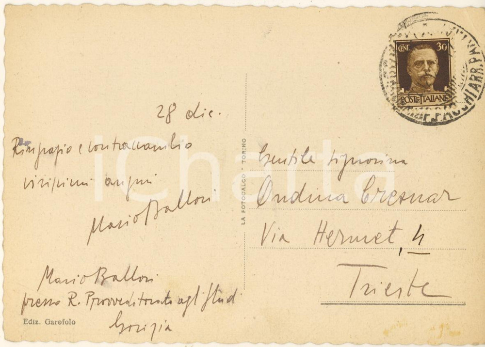 Autografo originale 1942 GORIZIA Cartolina prof. Mario BALLORI  Auguri Autografo 1