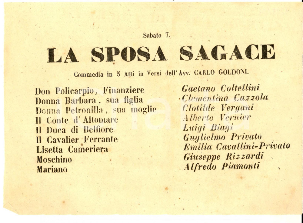 Materiale pubblicitario d’epoca 1862 FIRENZE TEATRO NICCOLINI La sposa sagace  Cesare DONDINI Locandina 1