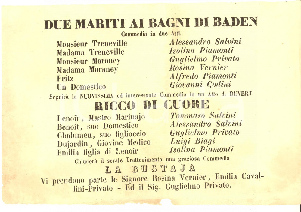 Materiale pubblicitario d’epoca 1862 FIRENZE TEATRO NICCOLINI Due mariti ai bagni di Baden Locandina 1