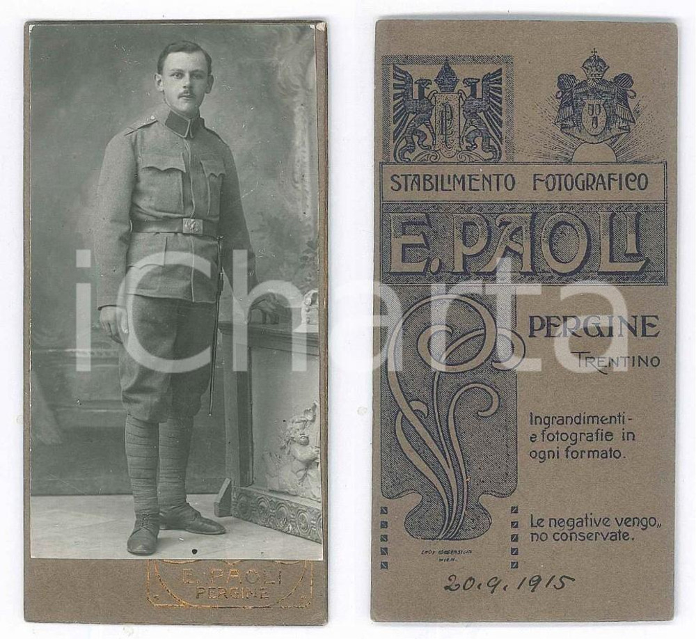 Fotografia d epoca originale 1915 WW1 PERGINE VALSUGANA TN Ufficiale austroungarico Foto E. PAOLI CDV 1
