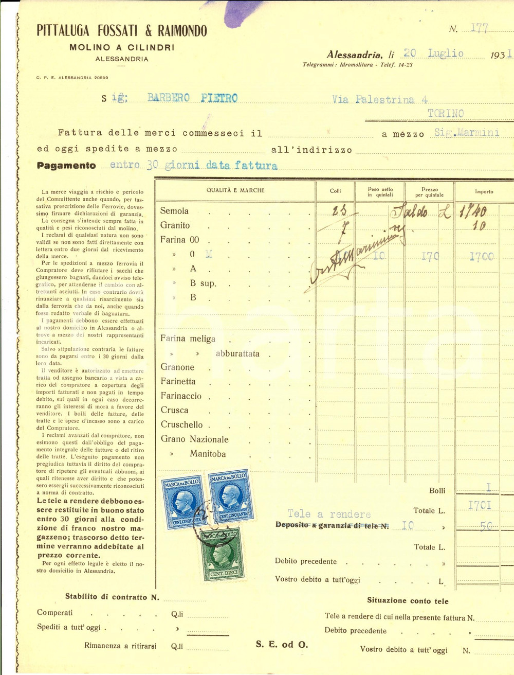 Documento originale, autentico 1931 ALESSANDRIA Molino a cilindri PITTALUGA FOSSATI & RAIMONDO Fattura 1