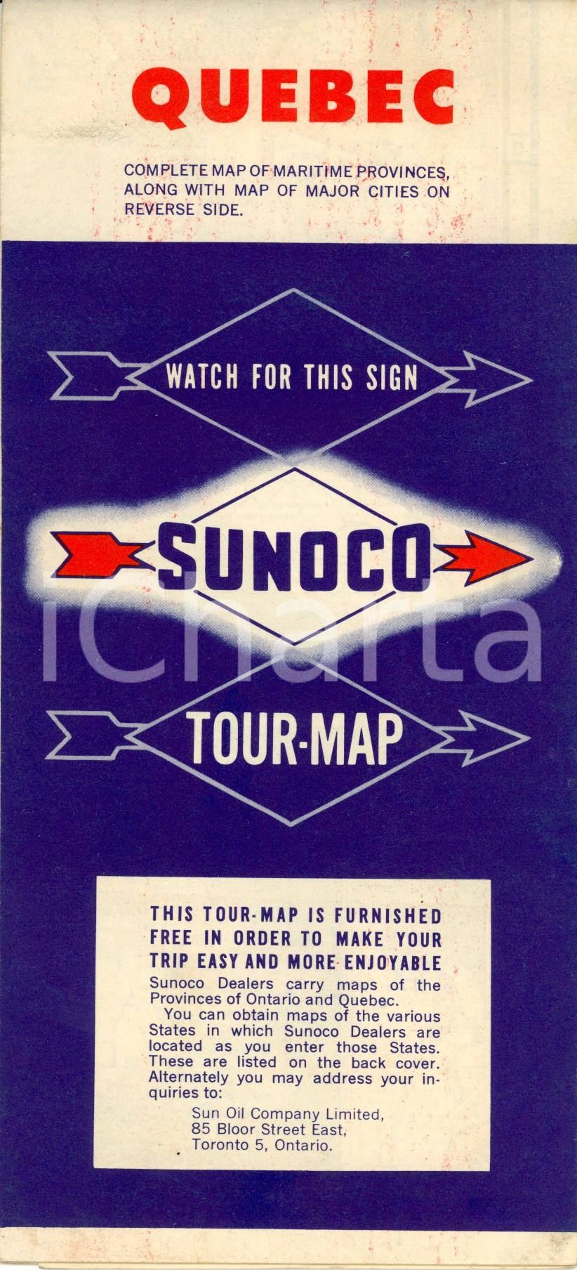 Mappa, planimetria storica 1955 ca QUEBEC CANADA Map of maritime provinces with major cities SUNOCO 1 1