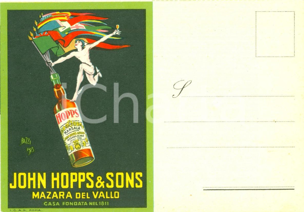 Materiale pubblicitario d’epoca 1923 MAZARA DEL VALLO Marsala John HOPPS & Sons Ill. Mario BAZZI Cartolina 3 1
