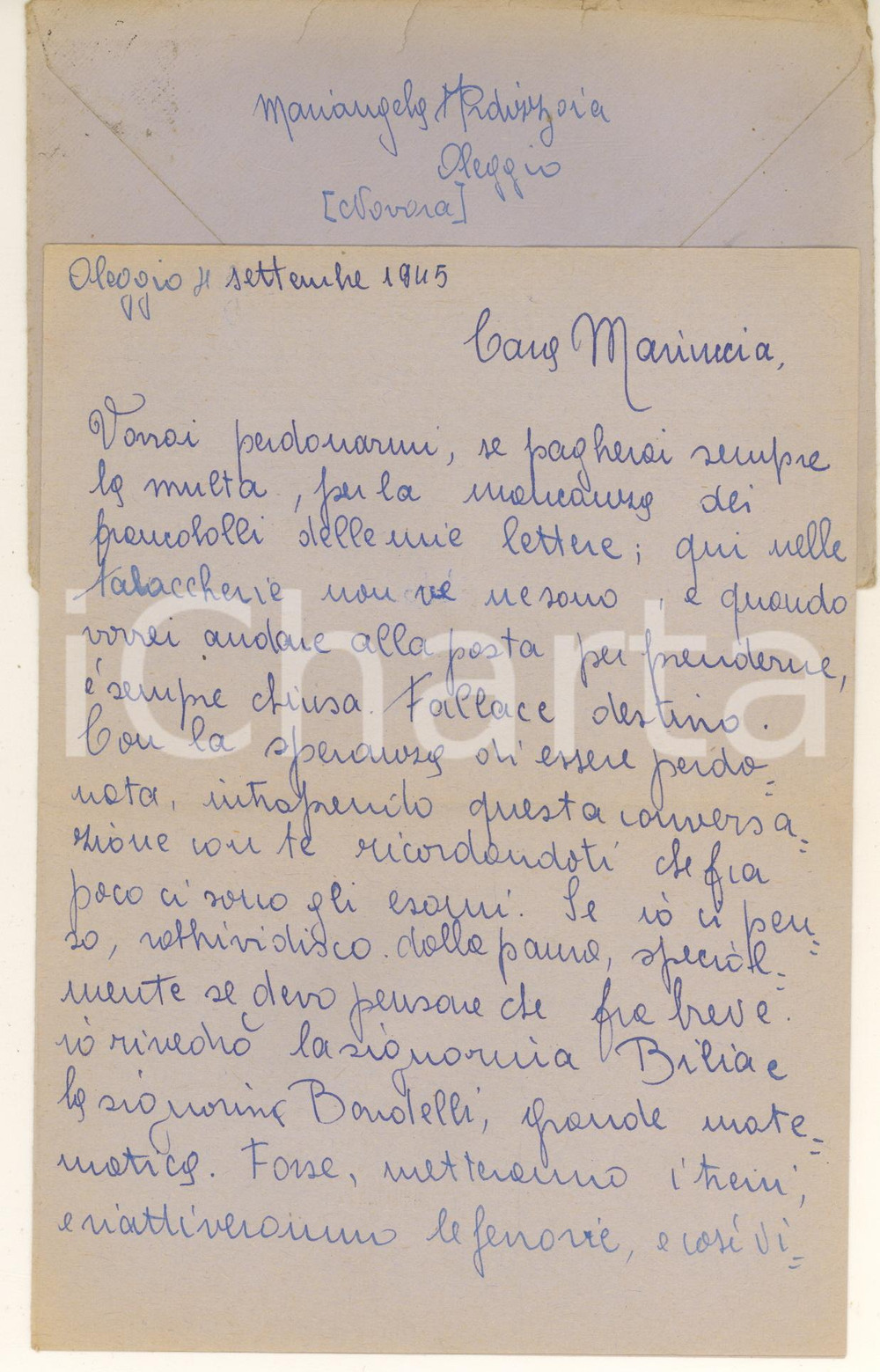 Manoscritto, lettera originale 1945 OLEGGIO Lettera Mariangela ARDIZZOIA  Insegnanti fascisti CURIOSA 1