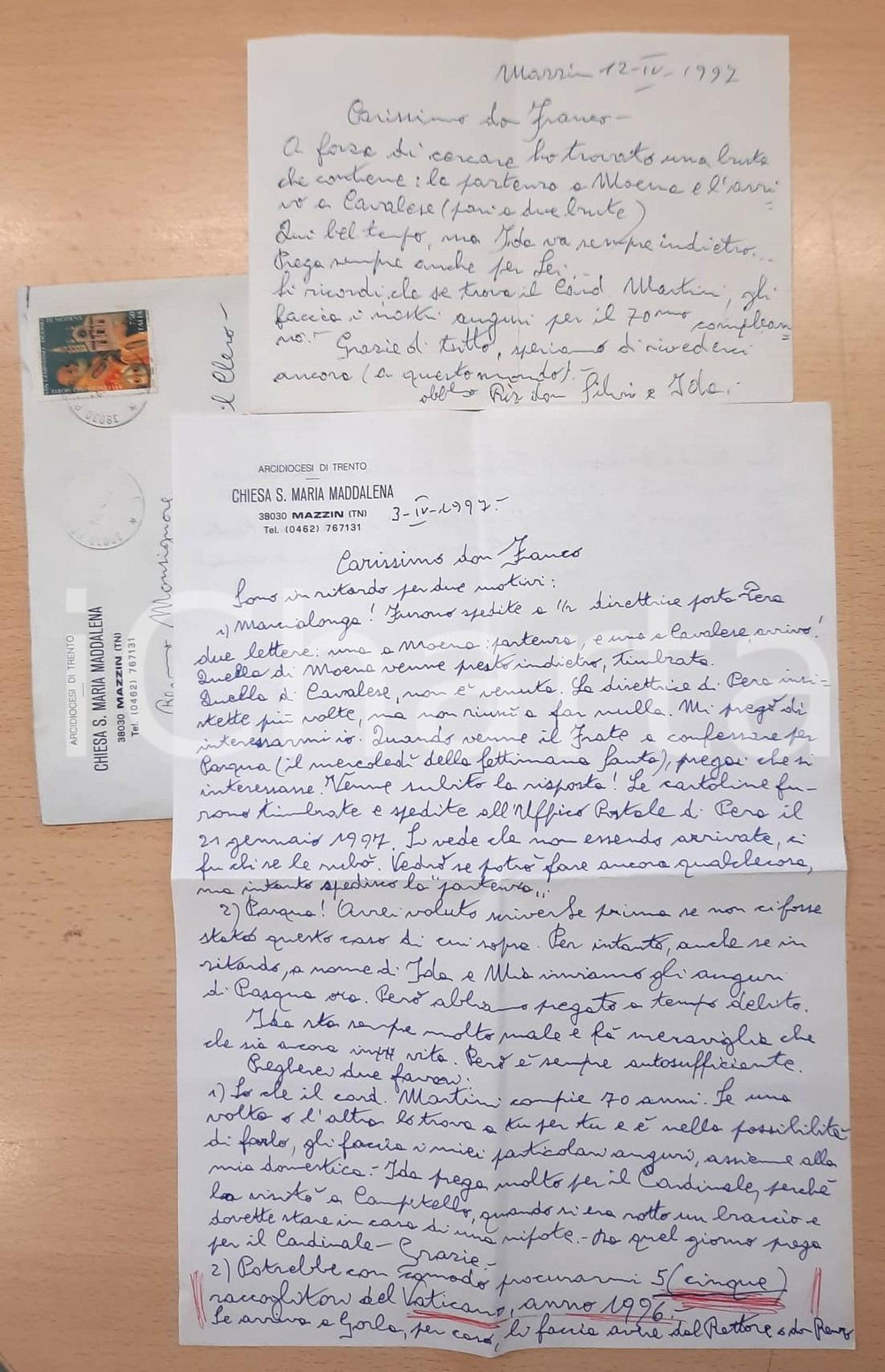 Manoscritto, lettera originale 1997 MAZZIN TN Chiesa S. Maria Maddalena  Lettera don Silvio RIZ Autografo 1