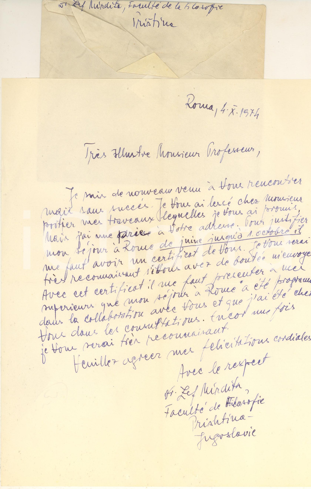 Autografo originale 1974 ROMA Lettera Zef MIRDITA  Certificato per soggiorno studio Autografo 1