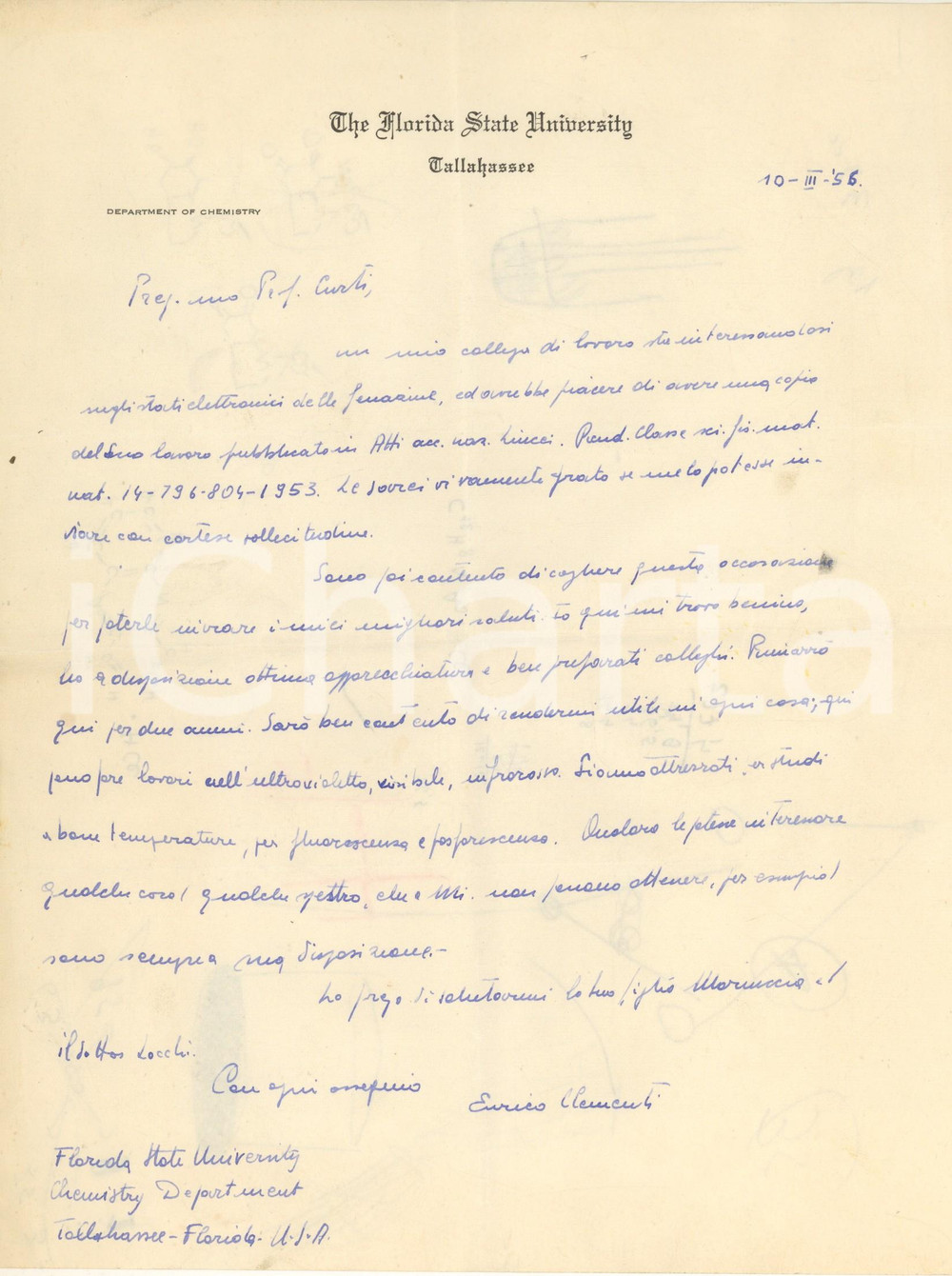 Autografo originale 1956 TALLAHASSEE Lettera Enrico CLEMENTI  Florida State University Autografo 1