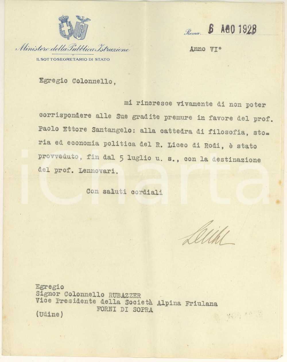 Autografo originale 1928 ROMA Pubblica Istruzione  Sottosegretario Pier Silverio LEICHT Autografo 1