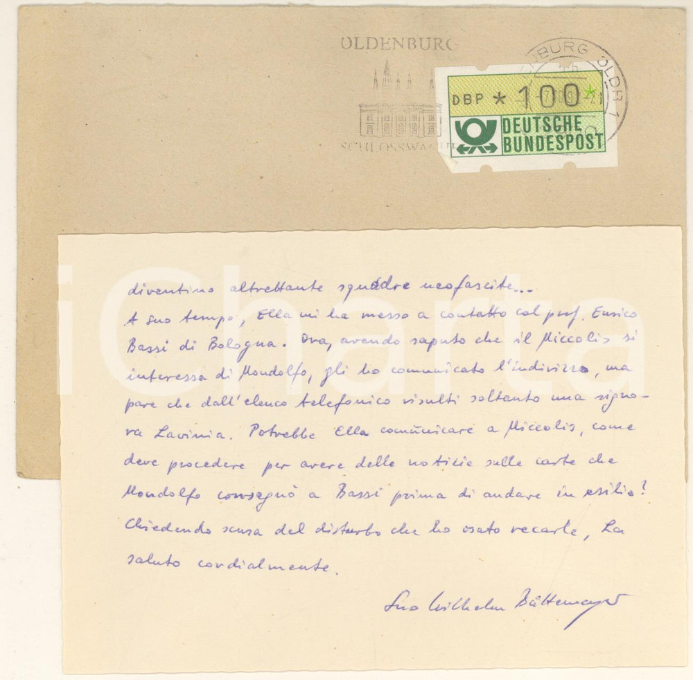 Autografo originale 1992 OLDENBURG Wilhelm BUTTEMEYER teme il neofascismo Biglietto autografo 1