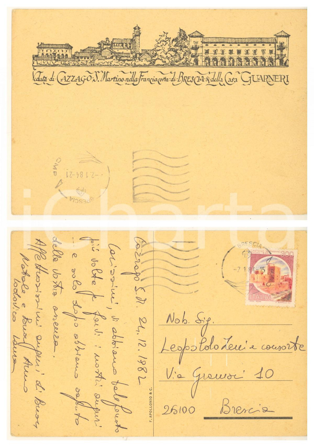 Autografo originale 1982 CAZZAGO SAN MARTINO  Casa GUARNERI  Cartolina Lodovico e Laura GUARNERI 1