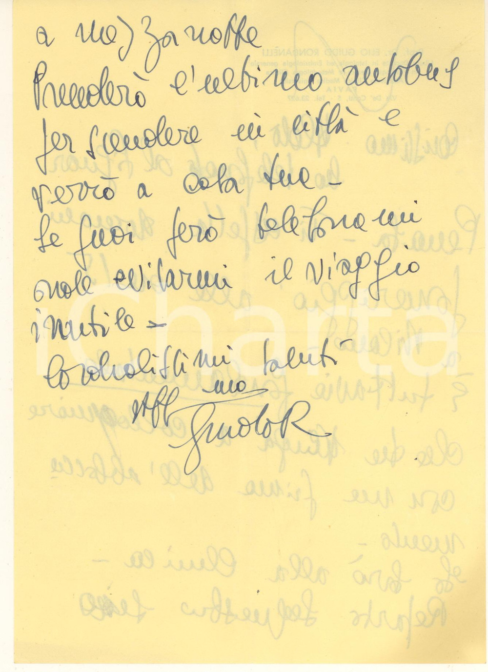 Autografo originale 1960 ca PAVIA Prof. Elio Guido RONDANELLI  Lettera per appuntamento Autografo 1