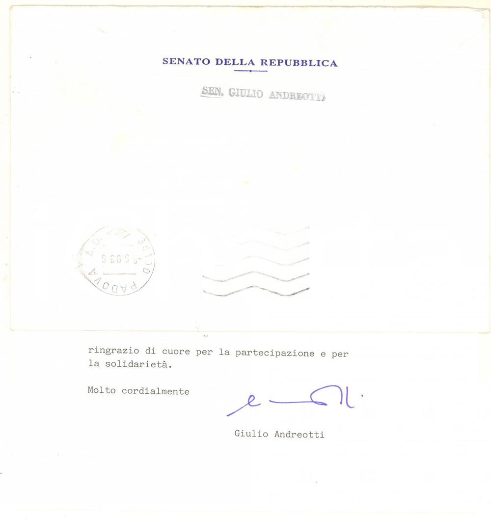 Autografo originale 1986 ROMA Camera dei Deputati Biglietto on. Giulio ANDREOTTI autografo 1