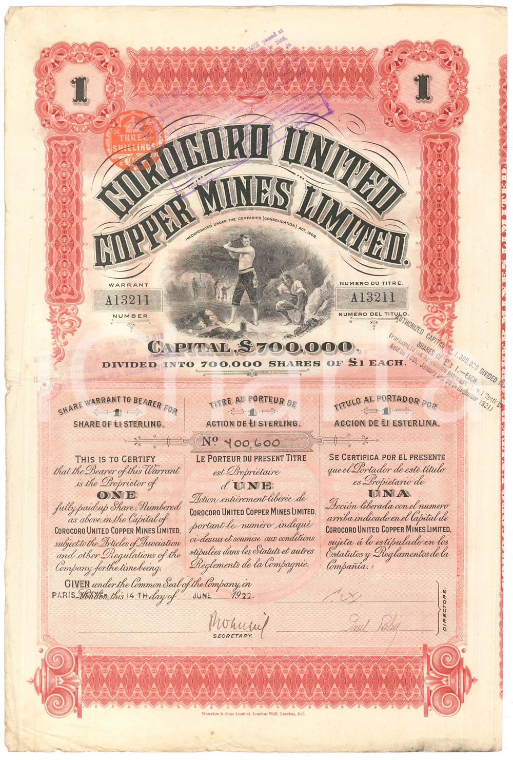 Oggetto da collezione cartaceo 1922 PARIS COROCORO UNITED  COPPER MINES ltd  Certificato azionario 1
