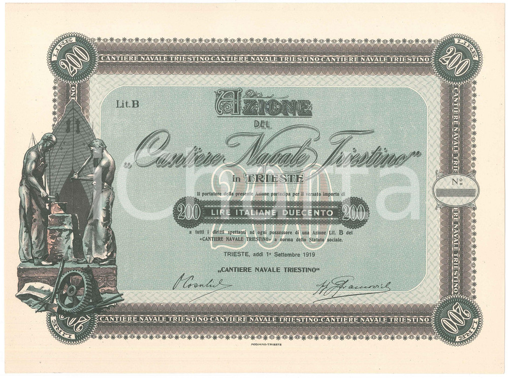 Oggetto da collezione cartaceo 1919 TRIESTE Cantiere Navale Triestino  Certificato azionario ILLUSTRATO 7 1