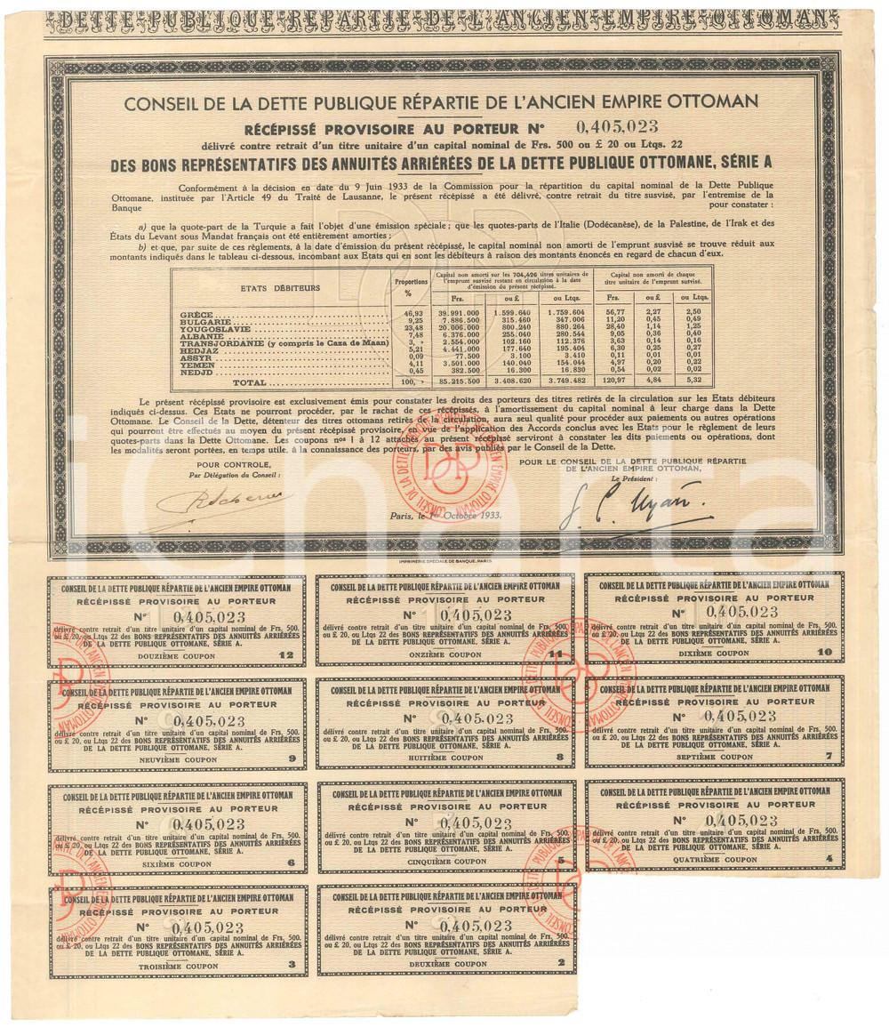 Oggetto da collezione cartaceo 1933 Conseil dette publique ANCIEN EMPIRE OTTOMAN Récépissé provisoire 2 1