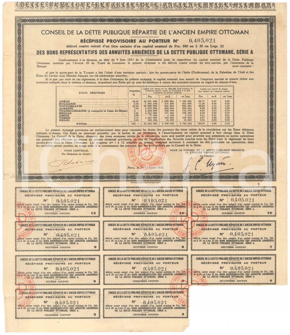 Oggetto da collezione cartaceo 1933 Conseil dette publique ANCIEN EMPIRE OTTOMAN Récépissé provisoire 3 1