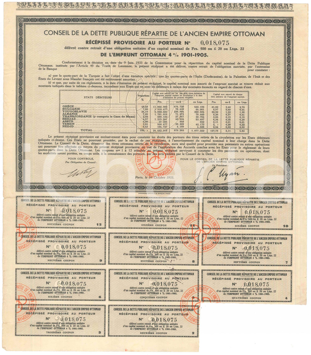 Oggetto da collezione cartaceo 1933 Conseil dette publique ANCIEN EMPIRE OTTOMAN Récépissé provisoire 1 1