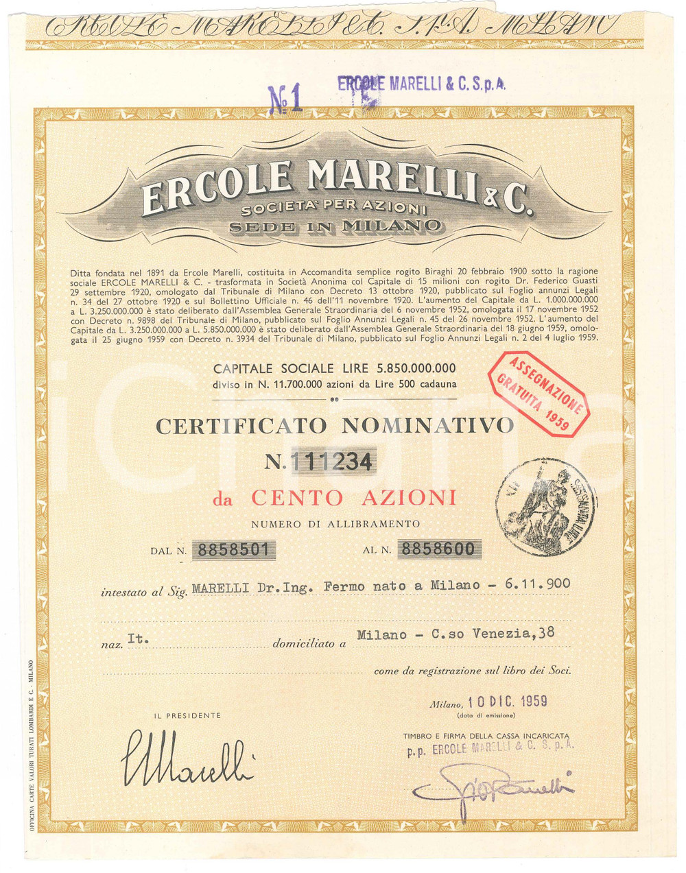 Oggetto da collezione cartaceo 1959 MILANO Ercole MARELLI & C.  Certificato azionario da cento azioni 1