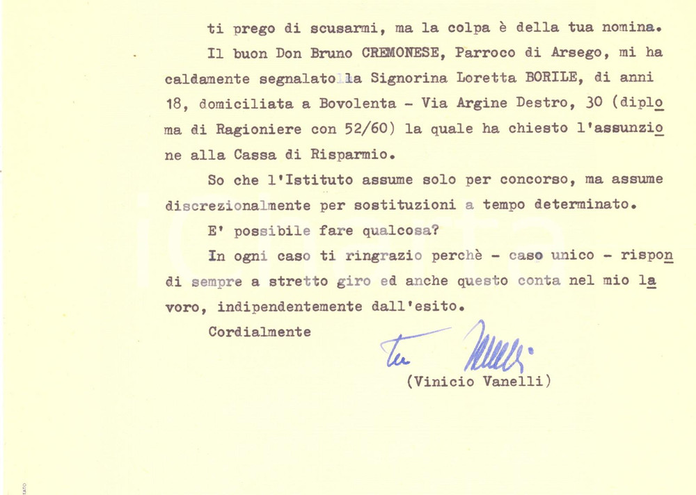 Autografo originale 1975 ROMA Lettera Vinicio VANELLI  Segreteria Ministero Interno Autografo 1