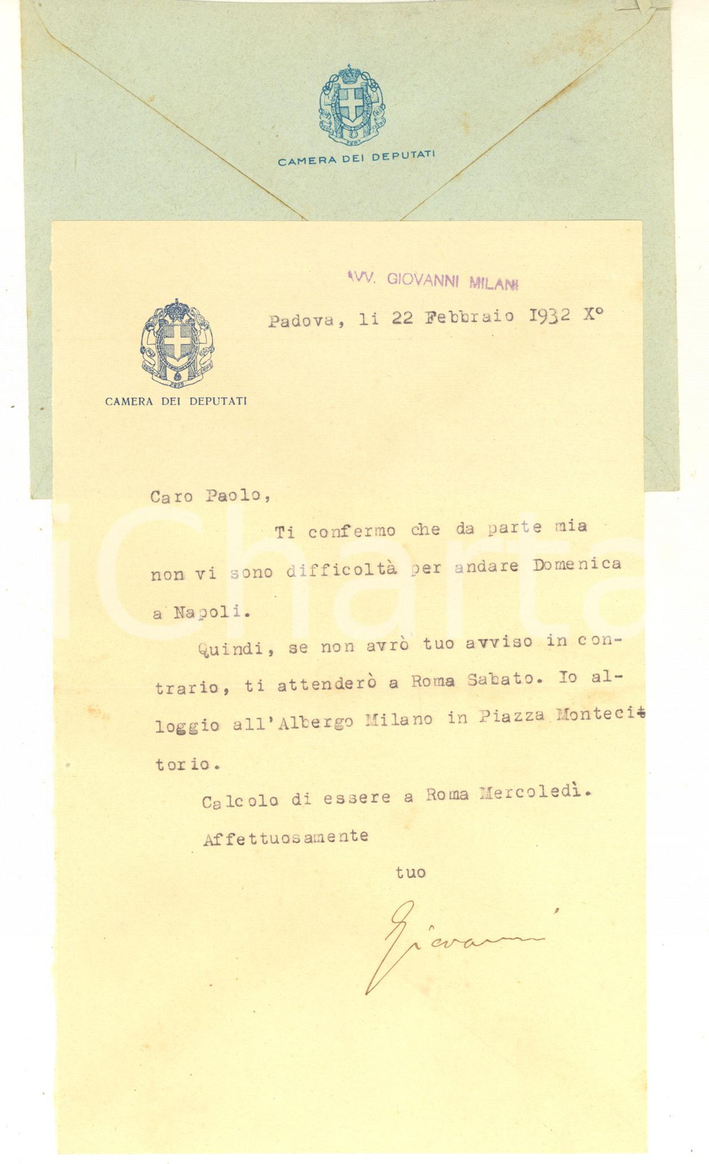 Autografo originale 1932 PADOVA Lettera on. Giovanni MILANI per appuntamento AUTOGRAFO 1