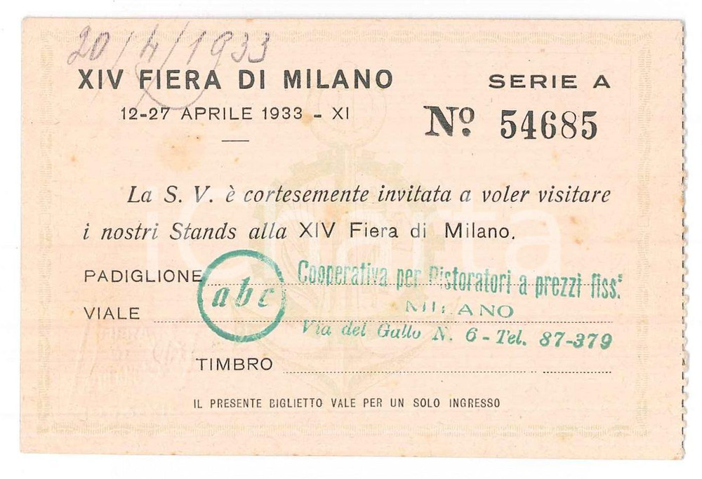 Oggetto da collezione cartaceo 1933 XIV FIERA DI MILANO Invito stand ABC Cooperativa ristoratori prezzi fissi 1 1