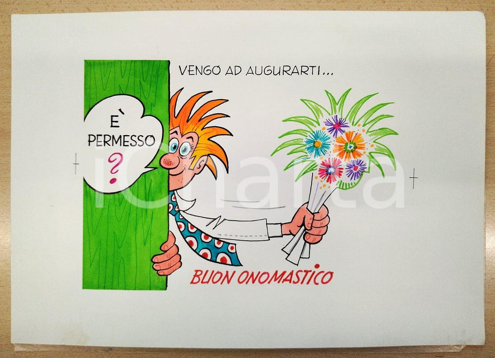 1980 ca BOZZETTO ORIGINALE Biglietto di auguri - Buon onomastico 36x25 cm Bozzetto originale a colori per un biglietto di auguri. Con velina di protezione. CONDIZIONI:FAIR/discreto Lievi smussature agli angoliFORMATO: 36x25 cm originale e autentica 1