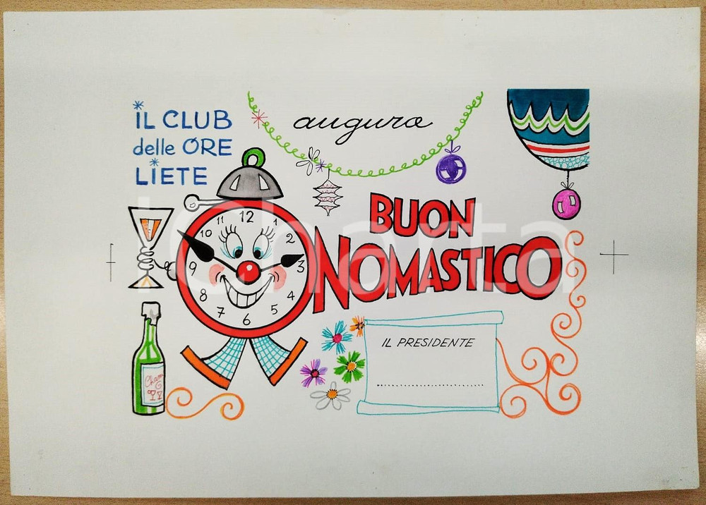 1980 ca BOZZETTO ORIGINALE Biglietto di auguri - Buon onomastico 36x25 cm (1) Bozzetto originale a colori per un biglietto di auguri. CONDIZIONI:FAIR/discreto Lievi smussature agli angoli, residuo di incollatura al versoFORMATO: 36x25 cm originale e autentica 1