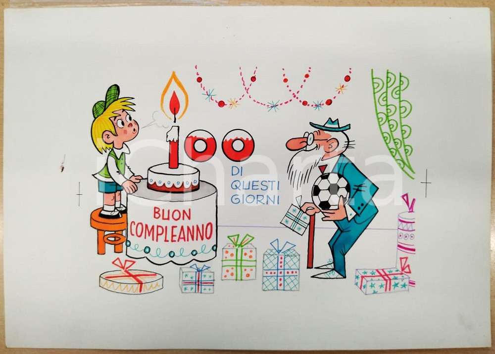 Opera d’arte autentica 1980 ca BOZZETTO ORIGINALE Biglietto di auguri  Buon compleanno 36x25 cm 1