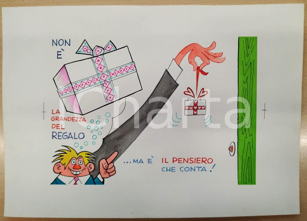1980 ca BOZZETTO ORIGINALE Biglietto di auguri - Buon compleanno 36x25 cm (1) Bozzetto originale a colori per un biglietto di auguri. CONDIZIONI:FAIR/discreto Piccola macchia al recto, residuo di incollatura al versoFORMATO: 36x25 cm originale e autentica 1