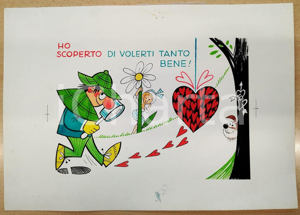 1980 ca SAN VALENTINO Biglietto di auguri BOZZETTO ORIGINALE 36x25 cm Bozzetto originale a colori per un biglietto di auguri. CONDIZIONI:FAIR/discreto residuo di incollatura al verso, macchie al rectoFORMATO: 36x25 cm originale e autentica 1