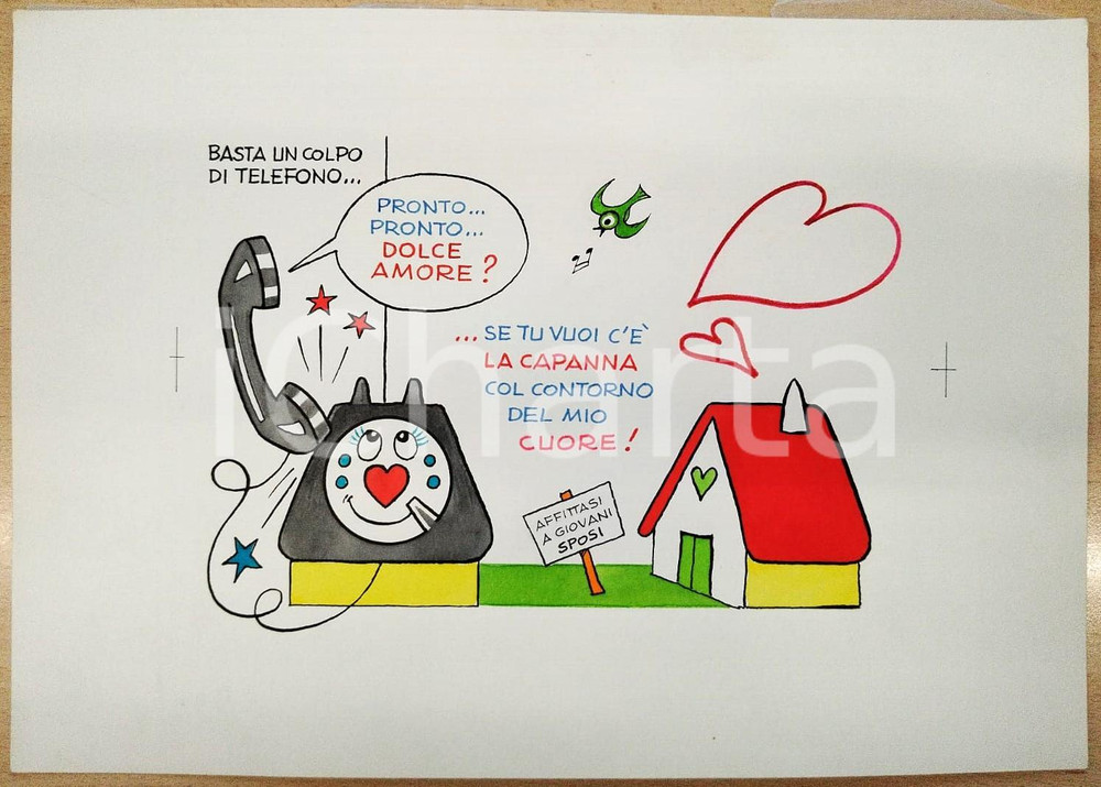 1980 ca MATRIMONIO Biglietto di auguri per giovani sposi BOZZETTO ORIGINALE Bozzetto originale a colori per un biglietto di auguri.Con velina di protezione.  CONDIZIONI:FAIR/discreto residuo di incollatura al verso, strappi alla velinaFORMATO: 36x25 cm originale e autentica 1