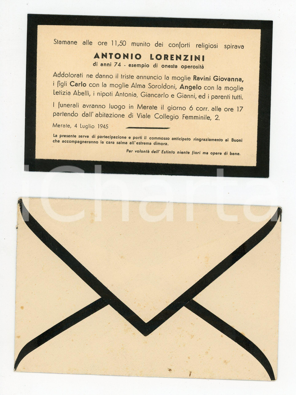 1945 MERATE Annuncio dei funerali di Antonio LORENZINI Biglietto 13x8 cm Biglietto d'epoca, con busta  PAGINE: 4 facciateCONDIZIONI:FAIR/discreto Lievi bruniture al biglietto e alla bustaFORMATO: 13x8 cm originale e autentica 1