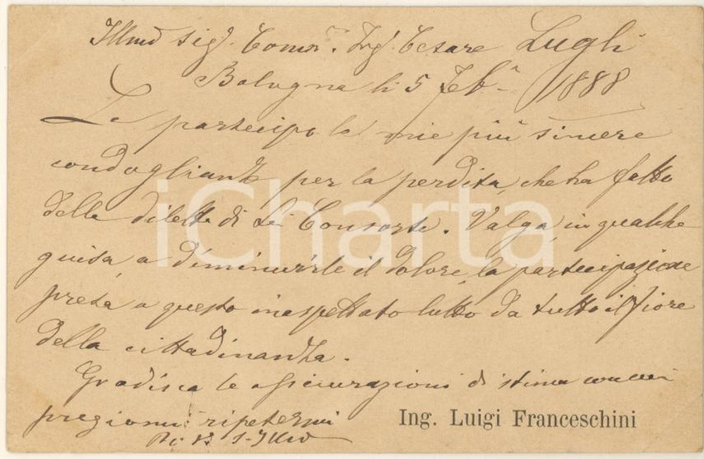 Autografo originale 1888 BOLOGNA Ing. Luigi FRANCESCHINI  Biglietto da visita AUTOGRAFO 1