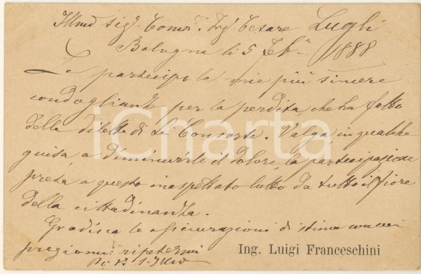 Autografo originale 1888 BOLOGNA Ing. Luigi FRANCESCHINI  Biglietto da visita AUTOGRAFO 1
