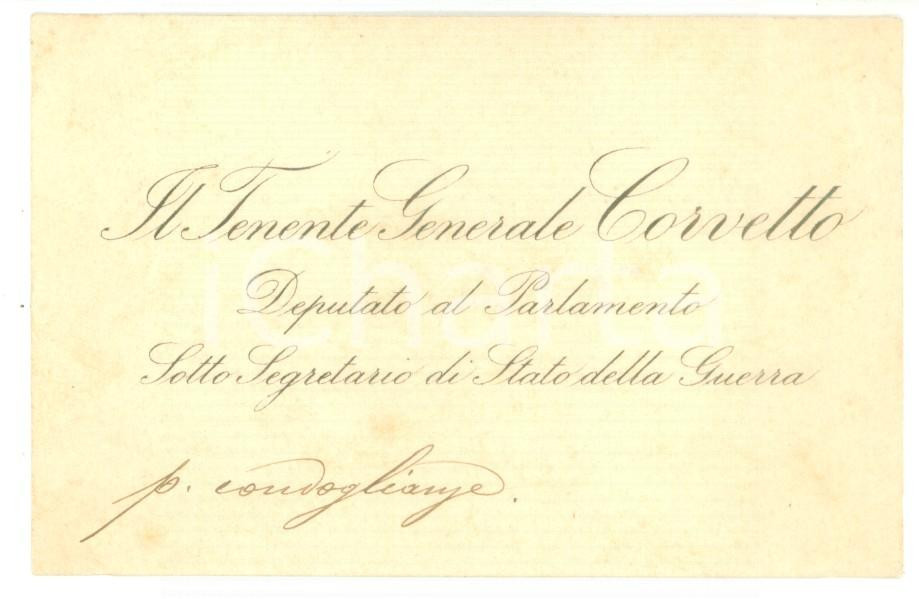 Autografo originale 1890 ca ROMA Condoglianze on. Giovanni CORVETTO  Biglietto da visita autografo 1