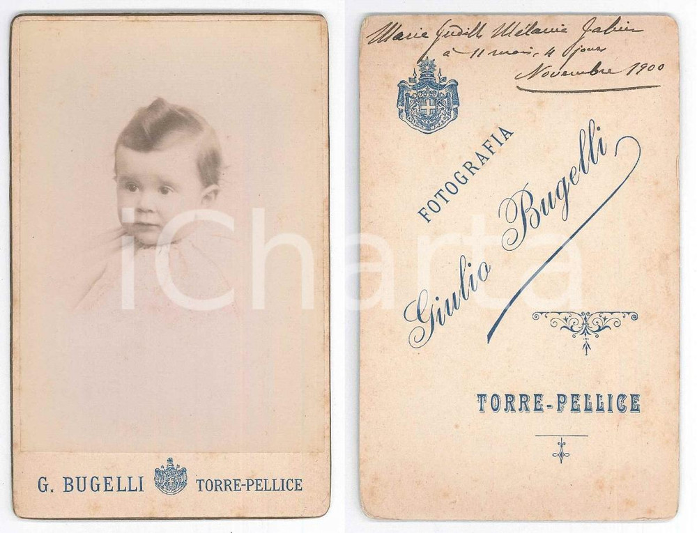 Fotografia d epoca originale 1900 TORRE PELLICE Marie Judith Mélanie JABIN bambina  Foto BUGELLI 8x13 cm 1