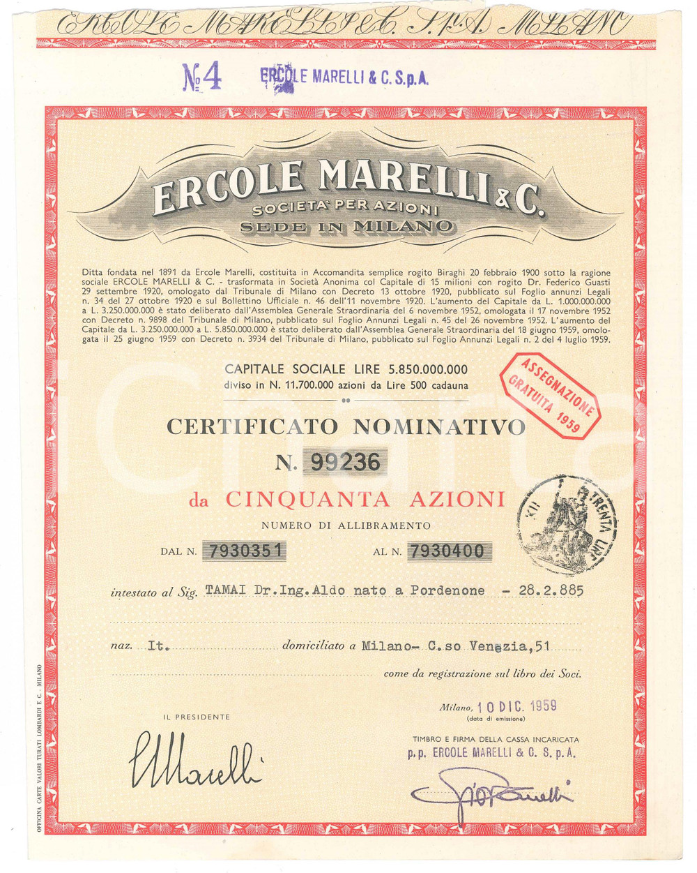 Oggetto da collezione cartaceo 1959 MILANO Ercole MARELLI & C.  Certificato azionario da cinquanta azioni 1