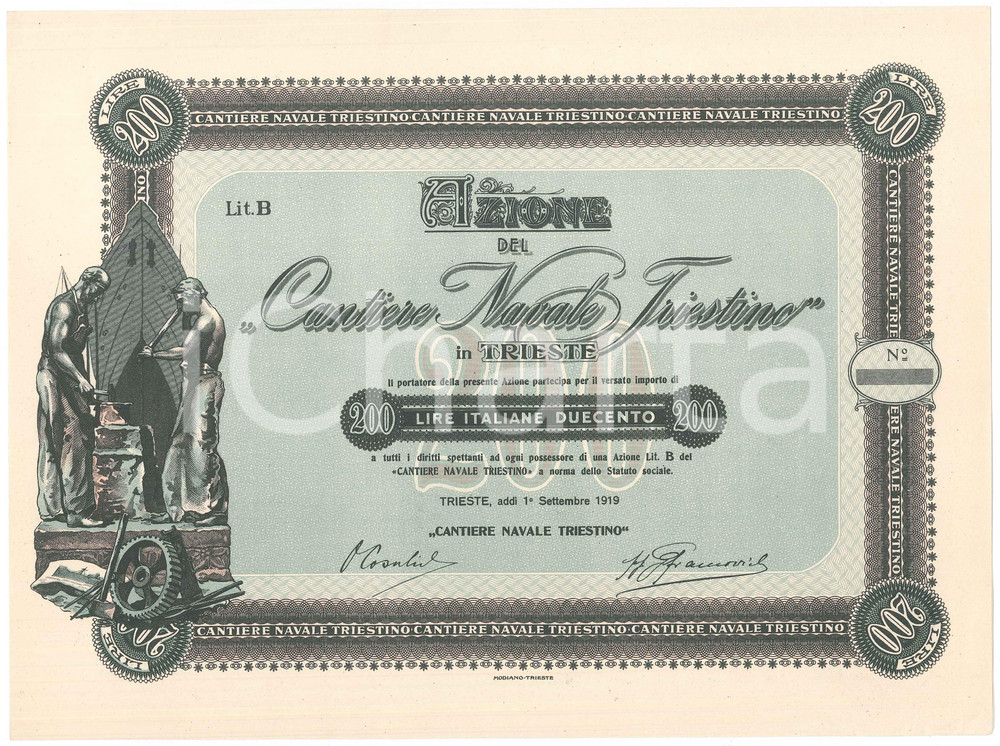 Oggetto da collezione cartaceo 1919 TRIESTE Cantiere Navale Triestino Certificato azionario ILLUSTRATO 2 1